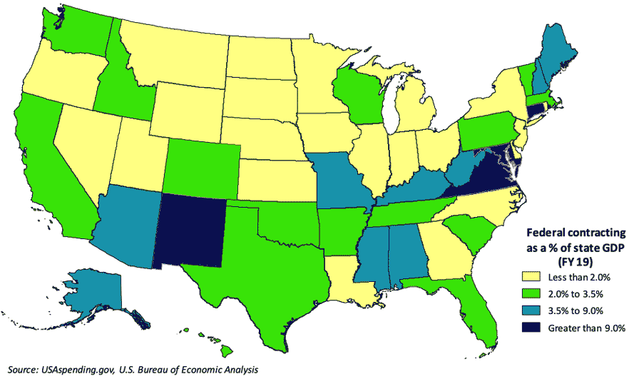 Map of the USA showing federal contracting as a share of state GDP.