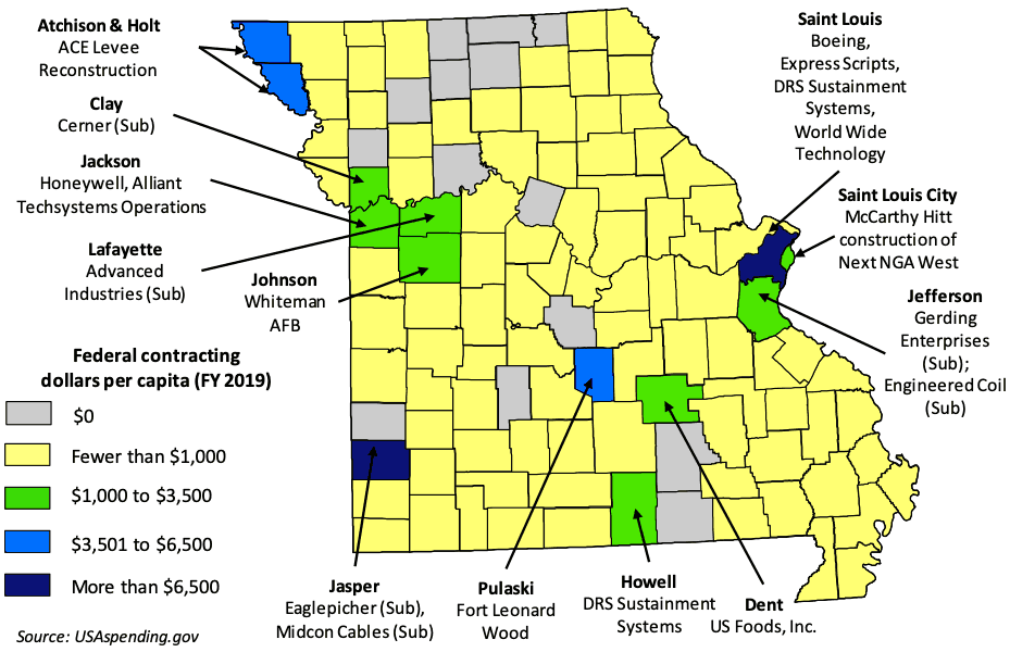 A county map of Missouri showing per capita federal contracting dollars (prime and sub) for fiscal year 2019.