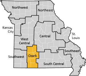 Missouri map indicating workforce development board regions.