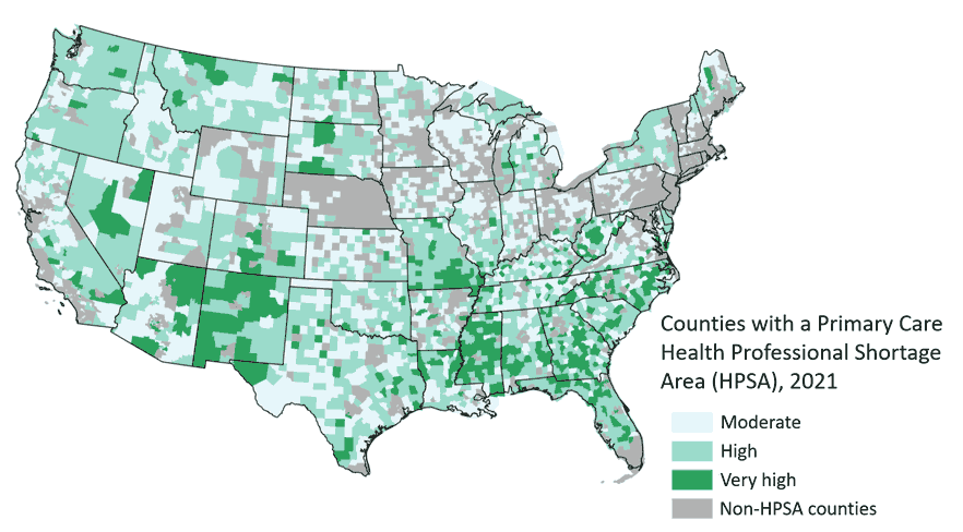 U.S. map showing counties with a Primary Care Health Professional Shortage Area (HPSA) for 2021. Southern and northeast Missouri has clusters of HSPA.