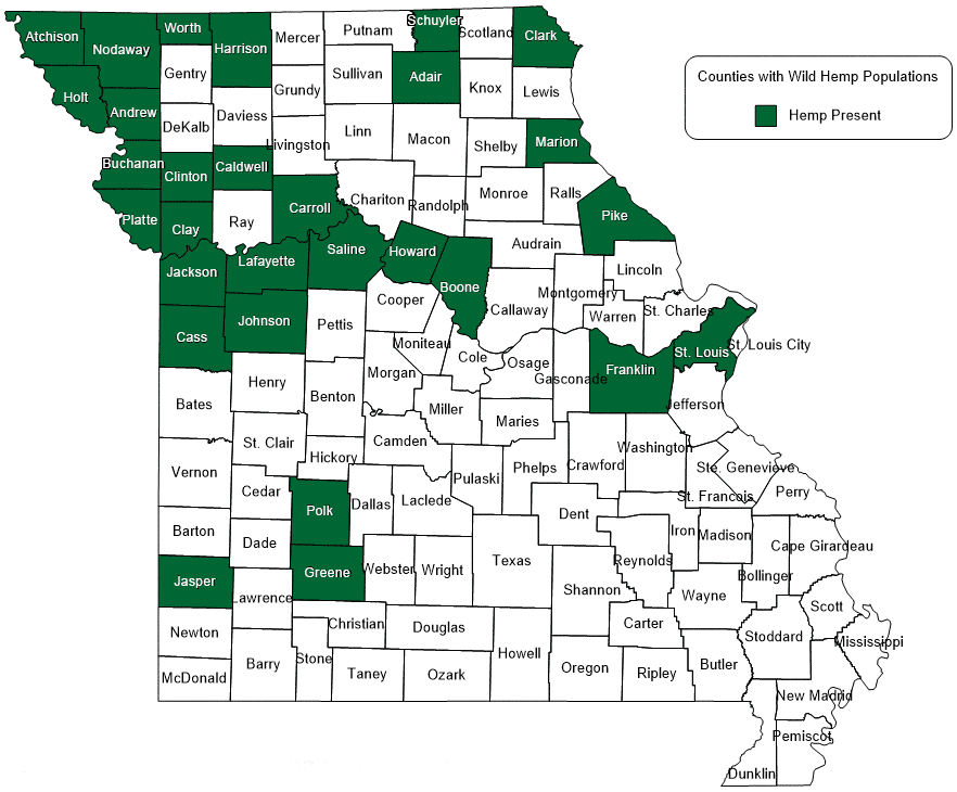 Map of Missouri showing counties with populations of wild hemp.