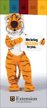 Truman the Tiger standing above the MU Extension logo holding a sign that says, "We bring Mizzou to you."