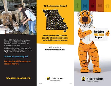 Outside of brochure showing a young woman feeding pigs, a map of Missouri indicating locations of MU Extension centers, and Truman the Tiger holding a sign that says, "We bring Mizzou to you."