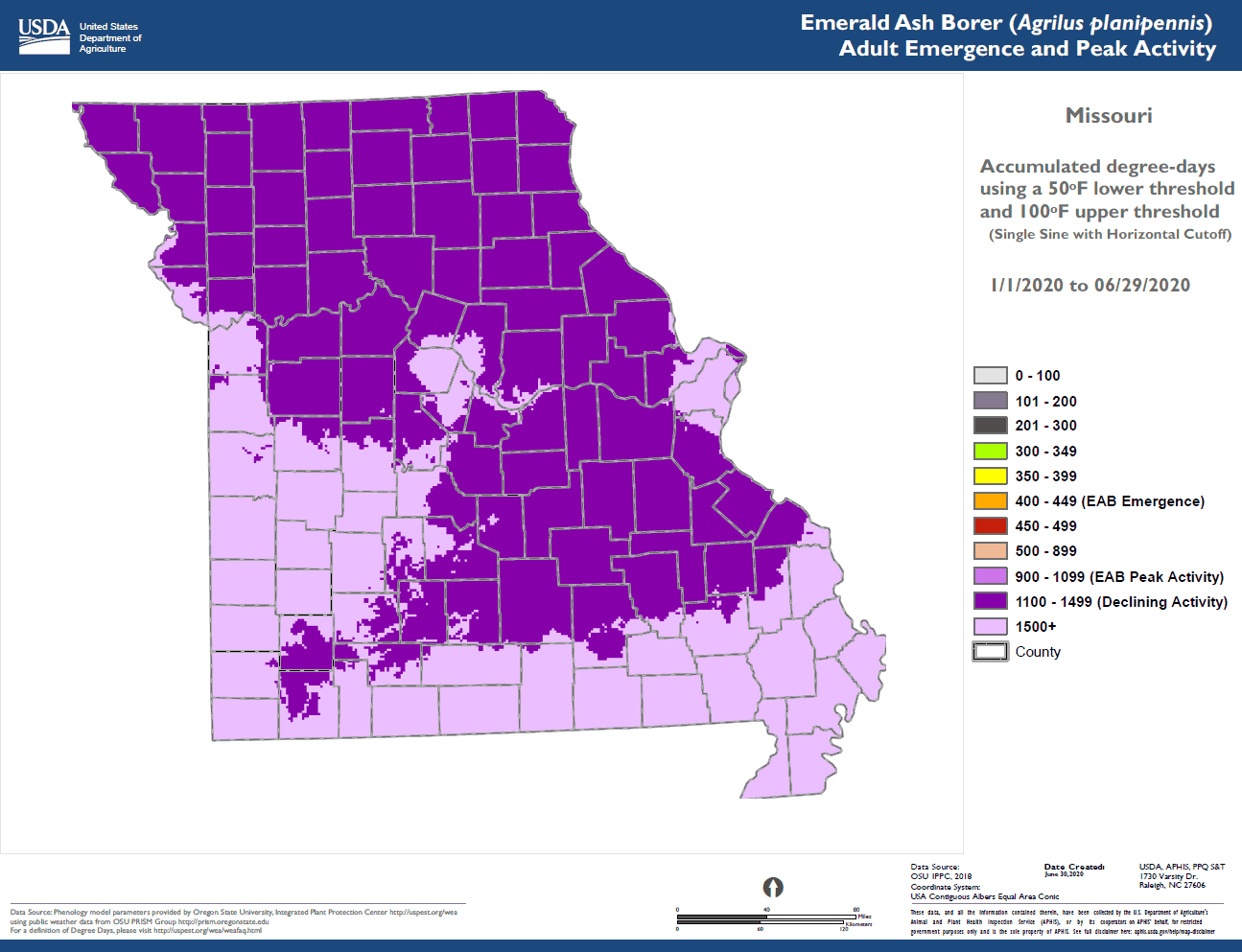 Map of Emerald Ash Borer Degree Days Emergence and Peak Activity, Jan. 1 to June 29, 2020.