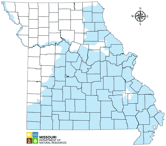 This map shows areas in Missouri that are likely to have a major potential for groundwater contamination when dead animals are disposed of via burial. Source: Missouri Department of Natural Resources.