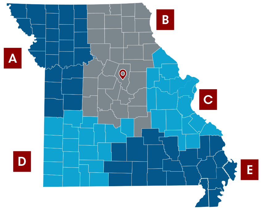 Map of Missouri APEX Accelerator regions.