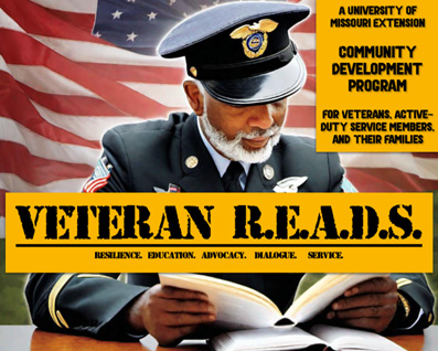 Veteran READS promo image featuring a drawing of a man in a military uniform reading in front of an American flag.