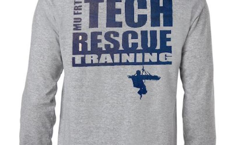 photo of grey long sleeve shirt back with Tech Rescue training design