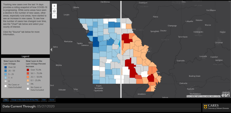 Screenshot of swipe map showing new COVID-19 cases in Missouri over the past 14 days.