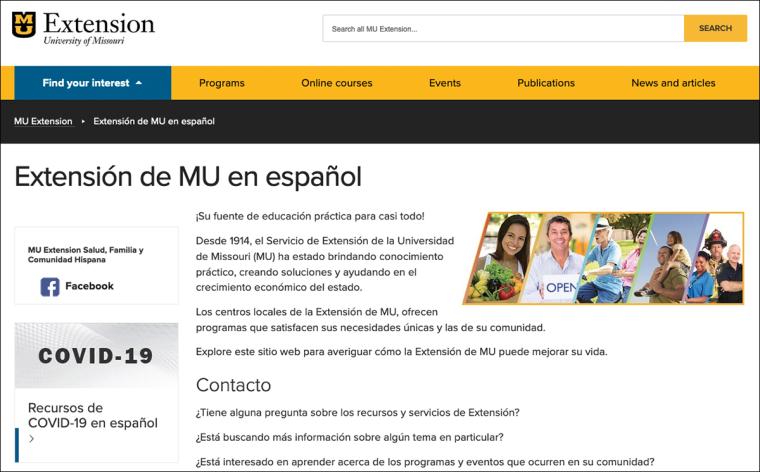 Toma de pantalla de Extensión de MU en español.