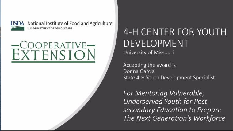 Missouri 4-H received the 2020 National Extension Diversity Award on Oct. 28 for the Youth Futures: College Within Reach program.