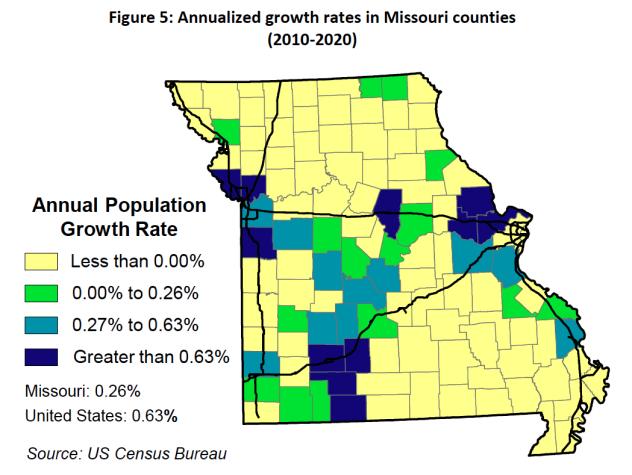 Annualized growth rates in Missouri counties (2010-2020). From 'Population Trends in Missouri and Its Regions' by Mark White, University of Missouri associate extension professor.