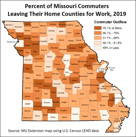 Map: Percent of Missouri commuters leaving their home counties for work, 2019. Source: MU Extension map using U.S. Census LEHD data.