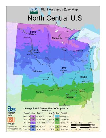 USDA plant hardiness zone map for north-central U.S.