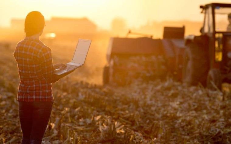 farmer in field with laptop