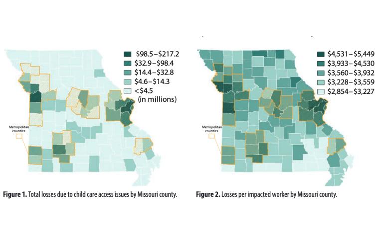 County-level maps of economic losses due to lack of access to and affordability of child care in Missouri.