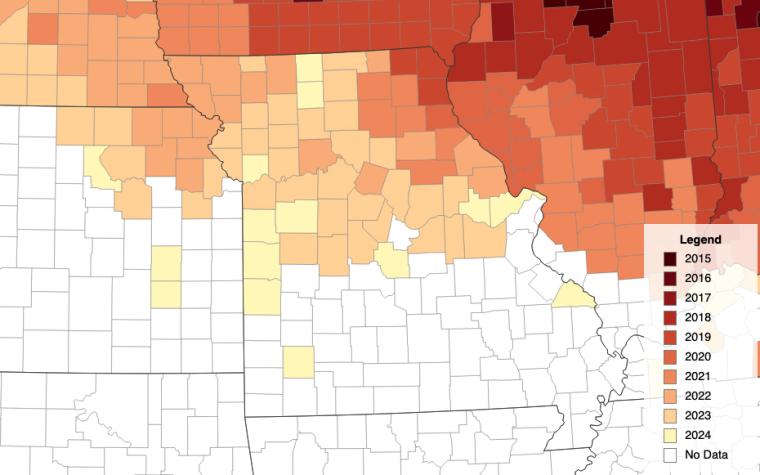 County-level map of the spread of tar spot of corn, 2015-2024.