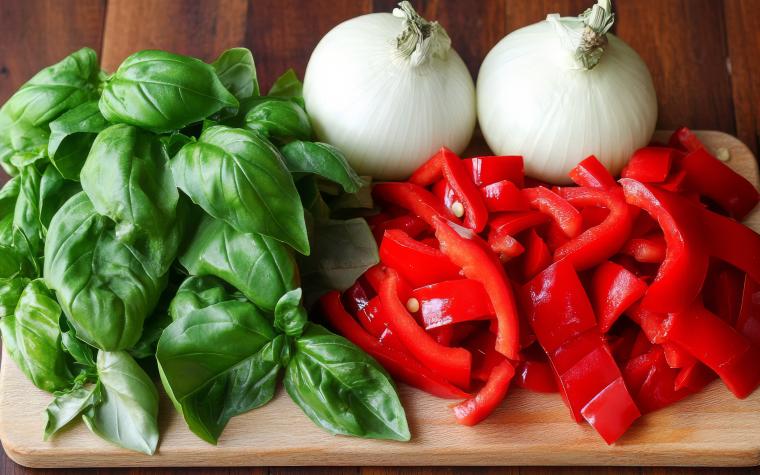 Basil, peppers, onion