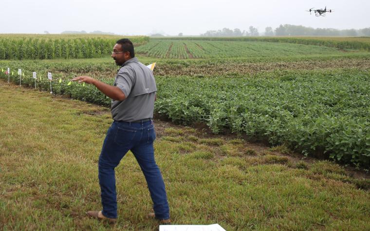 MU Extension state specialist Gurbir Singh flying a drone during a field day at the MU Greenley Memorial Research Farm in Novelty. Photo by Shannon Beck.