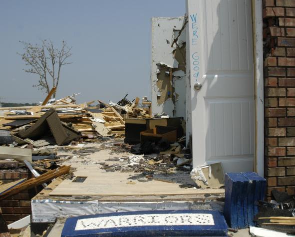 Little remained standing of the Adrian family’s Joplin home after the May 22 tornado, but a basement safe room protected the family from injury. Curt Wohleber/MU Cooperative Media Group 