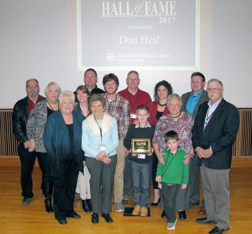 Members of the Don Heil family were on hand at the U.S. Soybean Symposium, where he was named the first inductee in the Missouri Soybean Hall of Fame. Pictured are Charles Foor, Donna Foor, Jan Blankenship, Stephanie Slifer, Brian McBee, Lucille Lane, MicPhoto by Linda Geist