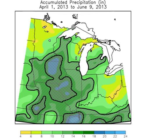 This map of the Midwest shows accumulated precipitation during the key planting time of April 1 to June 9. MU Extension specialists say above-average precipitation increased the loss of fall-applied nitrogen and recommend that farmers plan, watch and act Courtesy of Peter Scharf
