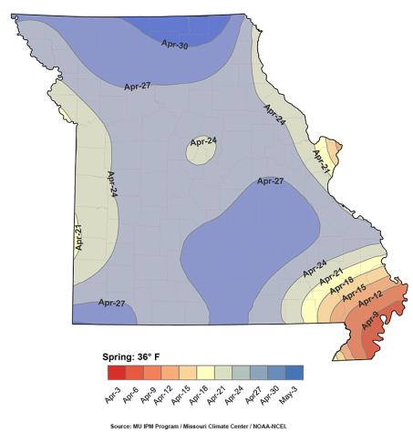 A map from MU Extension’s Frost/Freeze Probabilities Guide.University of Missouri 