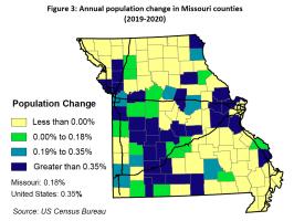Annual population change in Missouri counties (2019-2020). From 'Population Trends in Missouri and Its Regions' by Mark White, University of Missouri associate extension professor.