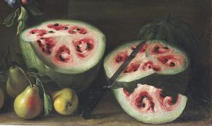 Detail from “Watermelons, peaches, pears and other fruit in a landscape” by Italian painter Giovanni Stanchi (1608–1672). From Wikimedia Commons.