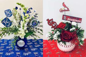 Left, a blue delphinium and white snapdragon arrangement of flowers is sure to be a hit for Royals fans. Right, cheer for the Cardinals with a bouquet of red and white carnations, roses and statice. Photos by Michele Warmund.