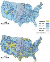 Percent of principal operators with full- or part-time employment by county, 2002-17.