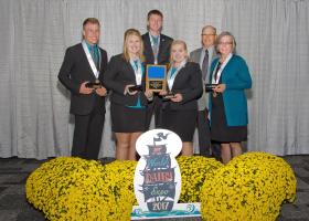 From left, dairy judging team members Daryin Sharp, Ellie Wantland, Grant Groves and Lora Wright, and coaches Ted Probert and Karla Deaver. Missouri 4-H