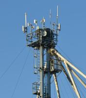 Equipment for wireless broadband is mounted atop a grain bucket elevator at Wade Farms in Clinton County, Mo.