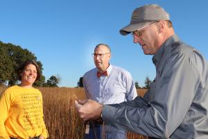 Through the NRCS + MU Grasslands Project, Cassville farmer Richard Asbill, center, works with a team of MU Extension specialists, including agronomist Tim Schnakenberg, right, and dairy specialist Reagan Bluel, left. Photo by Linda Geist.