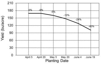 Effect of planting date on corn yield. Data collected near Columbia, Mo.