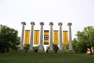 Columns with banners between them on University of Missouri campus