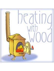 Wood stove with the phrase "heating with wood."