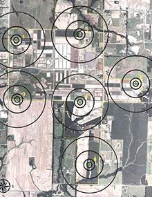 Aerial photo depicting bobwhite quail covey call count locations, with 50-, 100-, 250- and 500-meter distances marked.