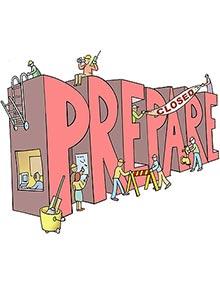 The word "prepare" with people working on and around it.