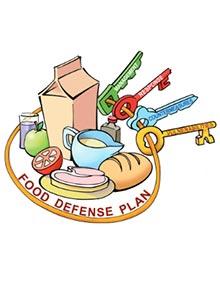 A variety of foods encircled by a key ring representing a food defense plan.