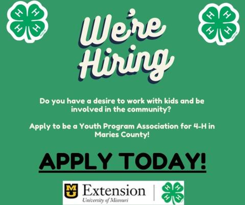 Do you have a desire to work with kids and be involved in the community Apply to be a Youth Program Association for 4-H in Maries County