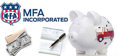 MFA logo with images of money and piggy bank with fire truck painted on the side