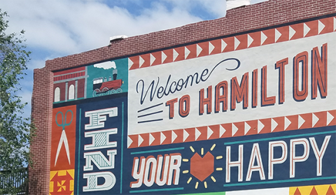 Mural painted on building that says Welcome to Hamilton