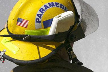 Closeup of a paramedic fire fighter's helmet.