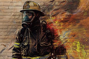 Painting of a fire fighter on a brick wall.