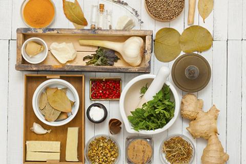 Assortment of spices laid out on a table.