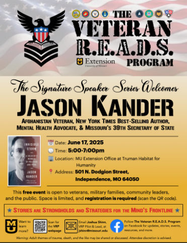 Flyer for the Veteran R.E.A.DS Program with Speaker Jason Kander