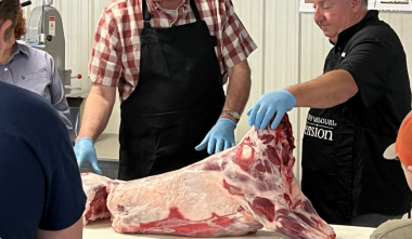 Extension Specialists inspecting a whole processed Lamb
