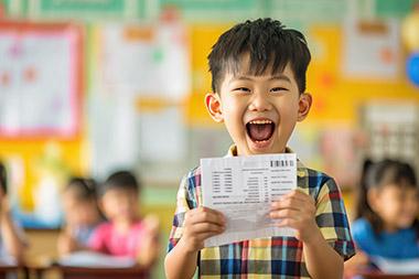 Young excited boy holding report card