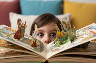 A child looking up over a book with pop outs on the pages.